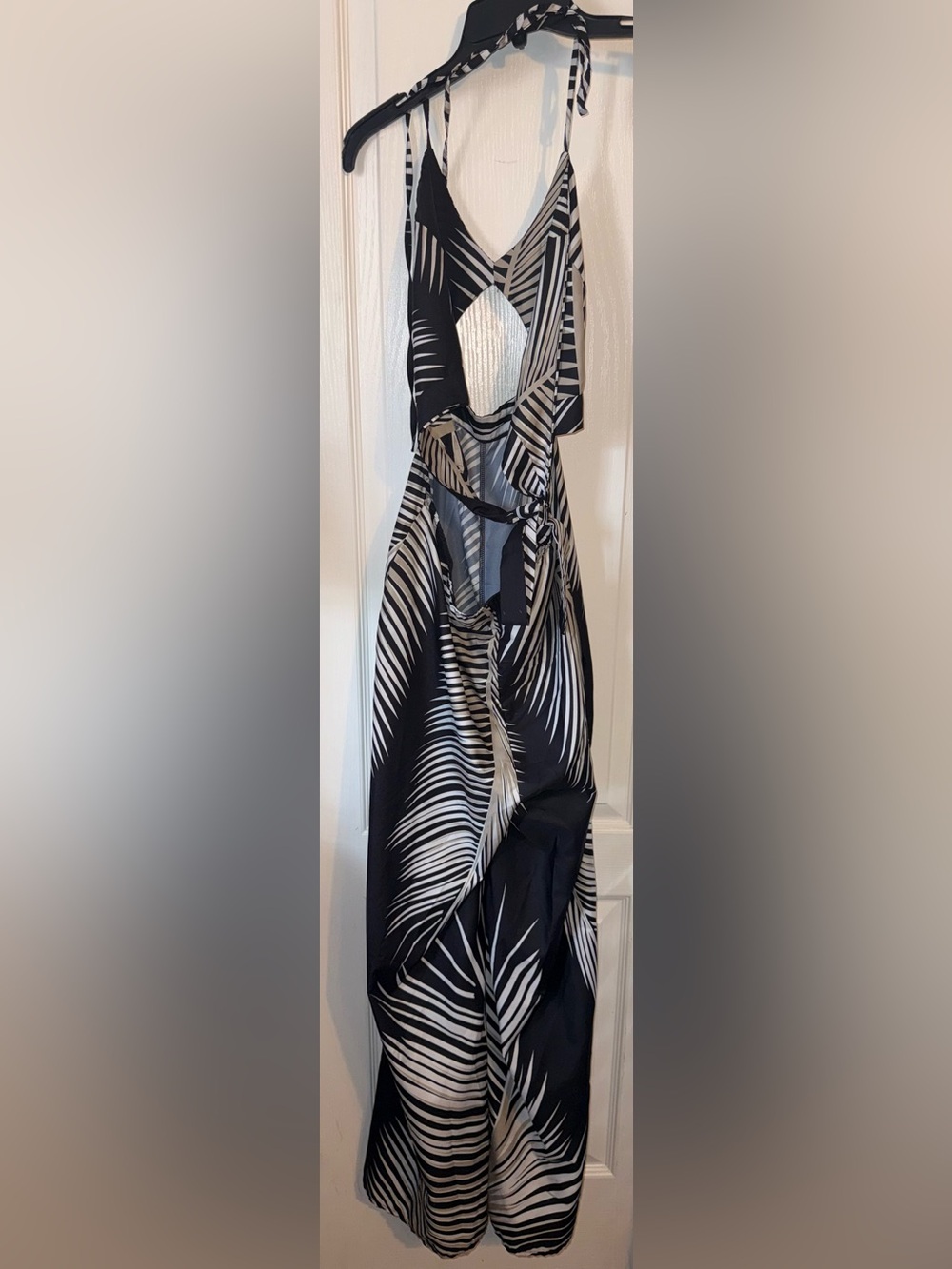ChicMe Tropical Palm Print Cutout Wide Leg Jumpsuit Black Beige Size L - Picture 4 of 12